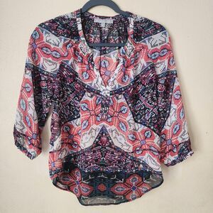 Daniel Rainn Sheer Geometric 3/4 Sleeve Blouse Petite Small PS Boho Peasant